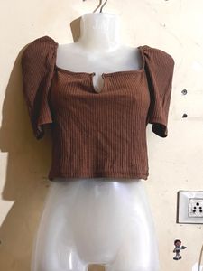 Brown Ribbed Puff Sleeve Top