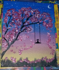 Girl Swing On Tree Night View Canvas Painting