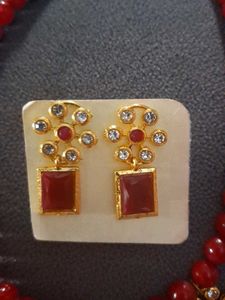 Red Beads Mala With Earrings