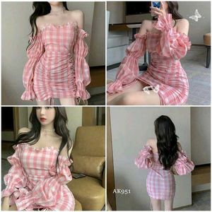 Pink Checkered Off-Shoulder Dress