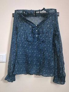 Elegant Navy Blue Floral Sheer Top – Size L