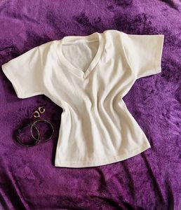 White V-Neck Ribbed T-Shirt