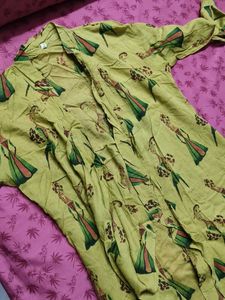 Women Olive Green Kurta With Yellow Printed Shrug