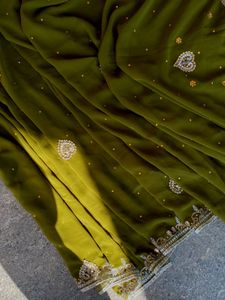 ✨ Elegant Olive Green Embellished Saree ✨