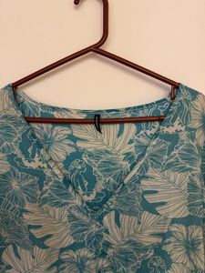 Tropical Blue Floral Boho Top with Flared Sleeves