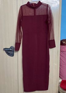 Burgundy Sheer Sleeve Midi Dress