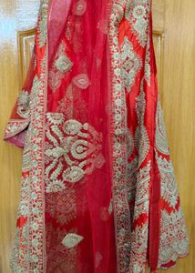 Coral  &amp; Gold Embroidered Unstitched Lehnga Set