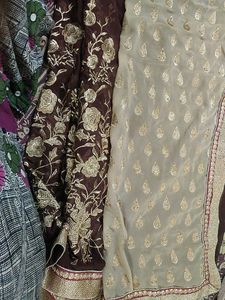 Used Saree Heavy Golden Zari Work And Stone Half W
