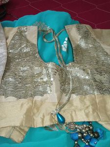 Teal &amp; Gold Sari with Blouse