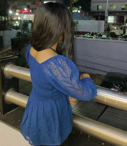 Blue Swiss Dot Puff Sleeve Top