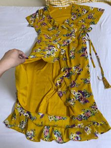 Floral Print Yellow Wrap Dress Fits S-M
