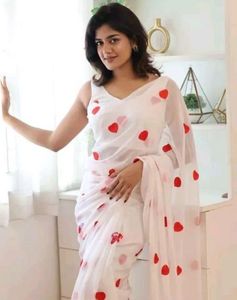 Elegant White Saree with Red Hearts
