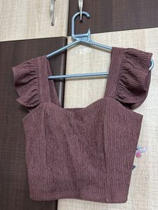 Brown Ruffle Sleeve Crop Top