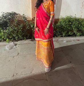 Orange Full Embroidery Round Mirror Lahenga Set