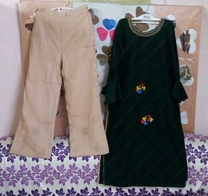 Green 💚 Beautiful Design Kurta With Cream Pant