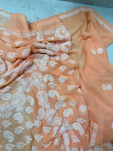 Peach Lukhnowi ChikanKari Saree