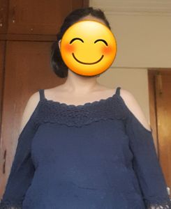Blue COLD SHOULDERED PARTY TOP With Bordered Neck