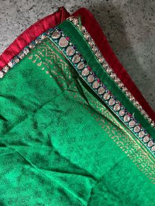 Embroidered Green & Red Border Saree & Blouse