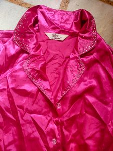 Satin Silk Pink T Shirt For Nightwear, Kundan Work