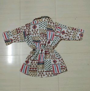White, Blue Floral Printed Micro Crepe Round Neck