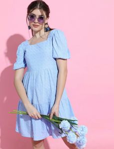 Blue Mini Dress with Puff Sleeves