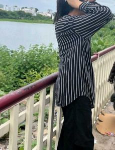 Black And White Striped Oversized Shirt For Woman