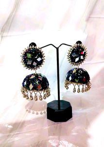 Black Jhumka With Mirror And Bead Work
