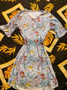 Whimsical Dragonfly Mushroom Print V-Neck Dress