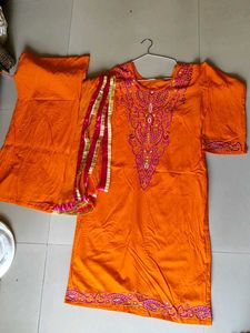 Orange Embroidered Suit With Dupatta