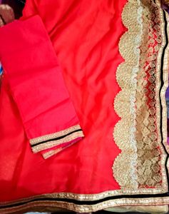 Tomato red and Golden lehenga Saree