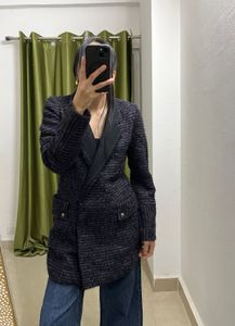Elegant BLack-Purple Tweed Blend Coat