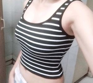 black cropped fitted tank top with white stripes