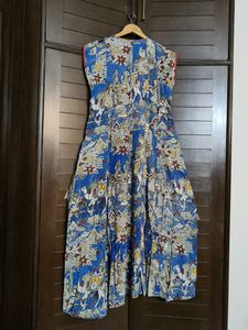 Women Blue Yellow Printed Kurta With Jacket
