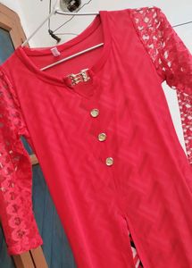 Red Net Kurta with Slit and Inner Lining