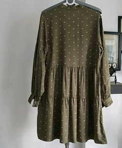 Zara Olive Green Tiered Tie Neck Dress