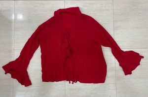 ❤️‍🔥Chic Red Ruffle Blouse with Flared Sleeve