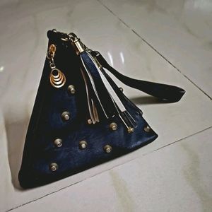 Black Leather Triangular Hand Purse With Gold Beads