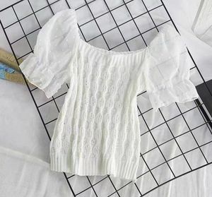 White Knit Top with Sheer Puff Sleeves