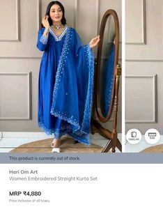 Blue v-neck embroidered Kurti Trouser Dupatta Set