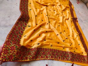 parsi border Elegant Yellow Embroidered Saree 😍