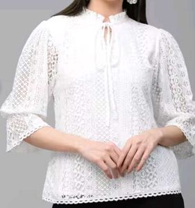White Lace Tie-Neck Top