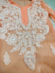 Peach Lakhnavi Chikankari Kurti With Inner