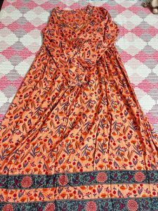 Myaza Women Peach Digital Floral Printed Kurta Dress with Beads Stone Work on Neck