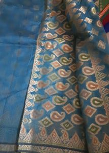 Teal Blue Brocade Banarasi Saree With Blouse
