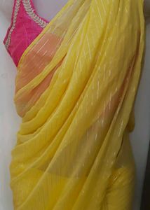 Yellow Ready To Wear Saree With Pink Blouse