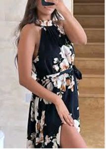 SHEIN Black Floral Slit Dress With Halter Neck