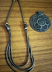 Boho Silver Necklace with solid antique pendant