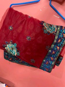 RED NET SAREE WITH BLOUSE