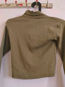 Olive Green Ribbed Zip-Up Mock Neck Top