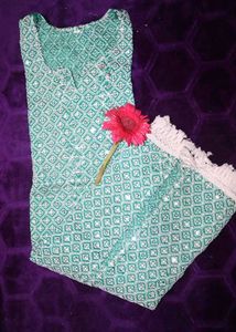 Teal Geometric Embroidered Kurti